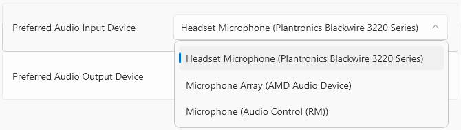 Image of the Preferred Audio Input Device dropdown