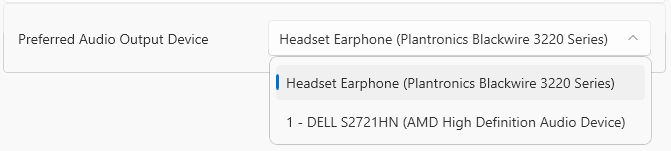 Image of the Preferred Audio Output Device dropdown